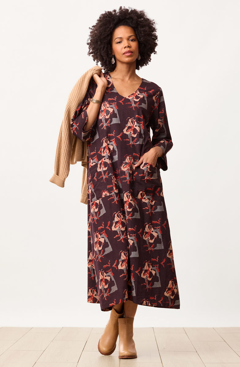 Zarine Natural Dye Block Print V-Neck Dress Zarine Natural Dye Block Print V-Neck Dress