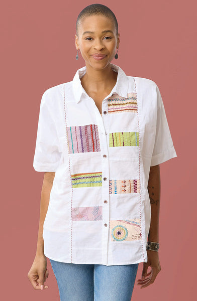 Faiza Organic Cotton Embroidered Sampler Inset Shirt - White/Multi
