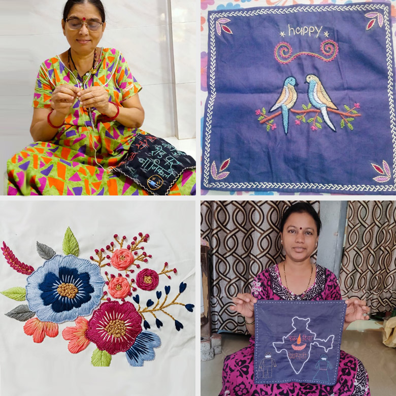 Female artisans displaying their embroidery work.